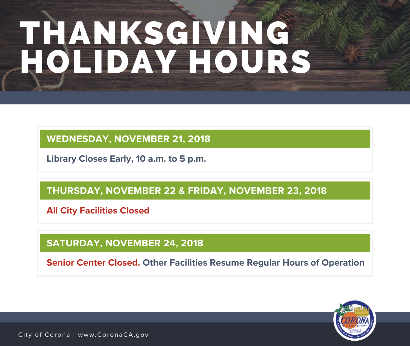 Holiday Closures 2018