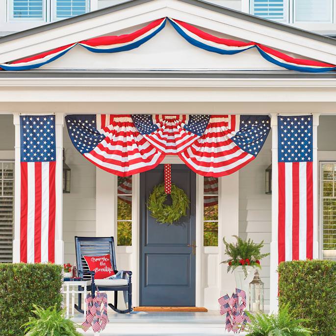 Porch decorated for the Fourth of July