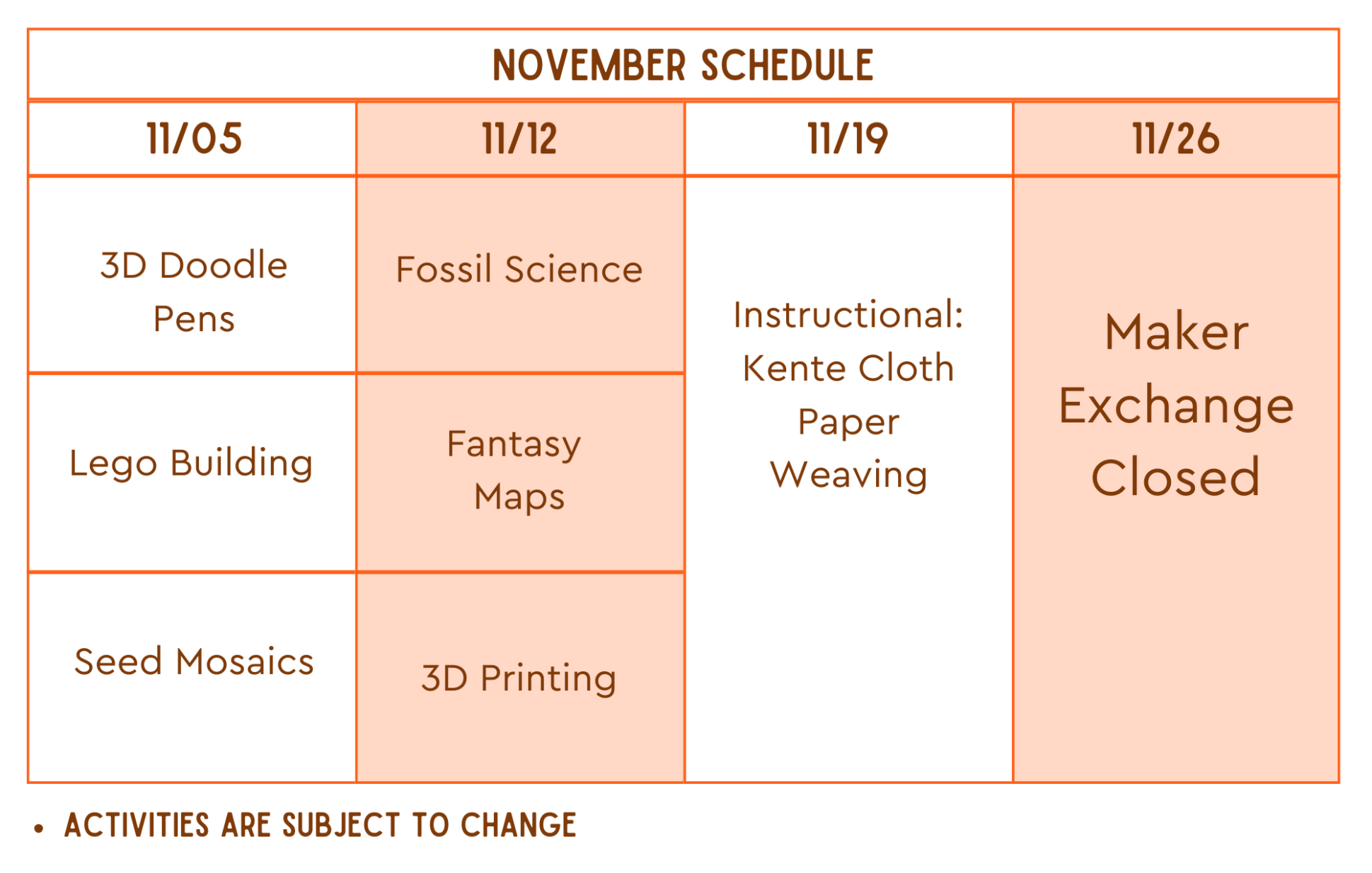 maker web schedule table